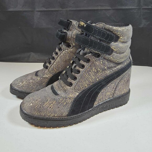 PUMA SKY WEDGE HIGH TOP SNEAKERS SHOES GOLD GRAY IRIDESCENT WOMENS SIZE 7 - Picture 1 of 7